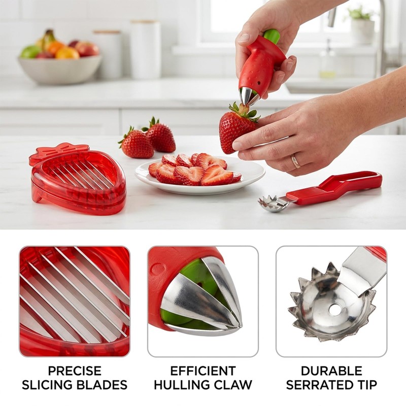 4-Piece Fruit Preparation Tools for Quick Snacks and Desserts, Strawberry