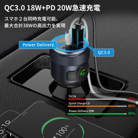 HUNDRUP QC3.0 Fast Charging, PD20W Compatible, USB x 1, Type-C x 1, In-Car, Deep Bass Mode, Siri & Google Assistant Compatible, LED Light, Hands-free Calling, Compatible with 12-24V Cars, Voltage Measurement, Frequency 76-108 MHz, Japanese Instruction Ma