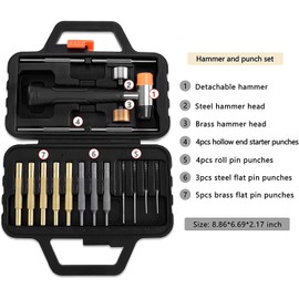Pridefend Brass Punch Set with Bench Block,Roll Pin Punch Set Made of Solid Material Including Roll Flat Pin Punch and Bench Block, Hammer with Detachable Heads with Portable Storage Case