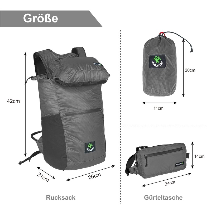 4Monster Foldable Backpack, Ultra Light, Unisex Daypack, Outdoor, 2-in-1 Belt