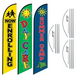 (pack 3) Now Enrolling, Day Care, and Summer Camp outdoor Advertising Feather Banner Swooper Flag Includes 15ft Poles Kits with Ground Spikes