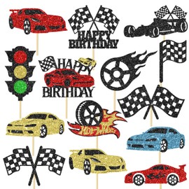 16Pcs Race Car Birthday Party Centerpiece Sticks Racing Birthday Party Decorations Glitter Checkered Racing Flag Table Centerpieces for Race car Theme Birthday Party Baby Shower Supplies