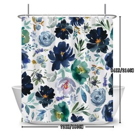 Yanutan Dark Blue Flower Shower Curtain,Navy Blue Floral Shower Curtain Set for Bathroom,Blue Green Watercolor Flower Fabric Bath Curtain with Hooks, 72x84in
