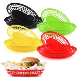 JJWNMLL 16Pcs Colourful Food Baskets,Reusable Oval Fruit Basket, food baskets for Hot Dogs, Burgers, Sandwiches, Fries, Barbecues, Picnics, Parties(Red+black+yellow+green)