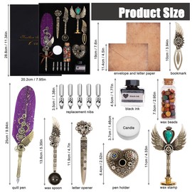 YICMY Quill Pen and Ink Set, Feather Pen Calligraphy Set, Mechanical Gears Wings Design, Stationery Gift for Handwriting Lovers Birthday Christmas Valentine’s Day