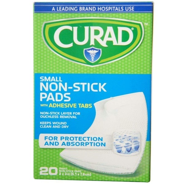 Curad Small Non-Stick Pads With Adhesive Tabs 2 Inches X 3 Inches 20 Each (Pack of 3)
