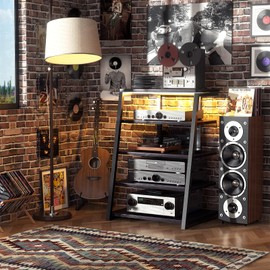 Armocity 5-Tier AV Media Stand with Power Strips, Media Console with LED Lights, Audio Tower Rack with Adjustable Shelves, Stereo Stands and Racks, 40.8'', Black Ebony