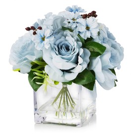 ENOVA FLORAL Rose Small Artificial Flowers in Vase, Blue Silk Floral Arrangement in Vase with Faux Water for Home Decorations, Wedding Event (Blue)