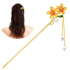 KZQtriid Hair Accessories，14k Gold Plated Copper， Vintage Handcrafted， Colour Enamels Small Daisy Pearl Tassels Hair Stick，Hair Clip. 7.28" Hair Chopsticks For Women