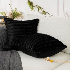 YOUR SMILE Set of 2 Decorative Throw Pillow Covers Soft Cozy Velvet Striped Pillowcase Faux Rabbit Fur Modern Neutral Decor for Couch Sofa Bed Chair Home,18X18-inch, Black