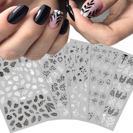 8 Sheets Black White Leaves Flowers Nail Stickers Decals,3D Self- Adhesive Retro Flower Vintage Vine Rose Flower Butterflies Nail Design Classic Fashion Simple Self Adhesive Sticker for Women Girls Nails Art DIY Decoration With 1 Pcs Anti-Static Tweezers