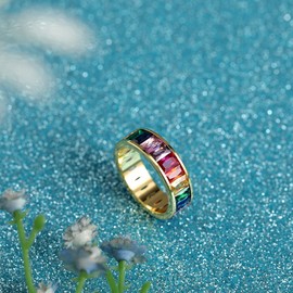 M Muses Art Design Eternity Rainbow Ring - Birthstone, Baguette, Wedding, Thumb With Emerald Cut Cubic Zirconia for Women and Men - 18K Gold Plated