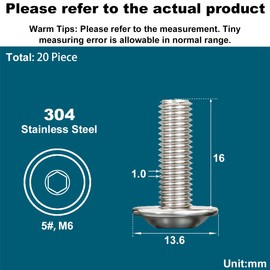 Drenky Flanged Button Head Screws M6 Bolts 20 Pack M6 X 16mm Socket Flanged Button Screws 304 Stainless Steel Hexagon Socket Pan Head Screws Fully Thread Machine Screws, Rustproof