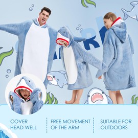 BRAFFWNE Wearable Blanket Hoodie for Kids, Flannel Blanket Hooded for Easy Movement, Warm and Cozy Onesie Costume, Snuggie Gift for Girls and Boys (Blue Shark, Kids)