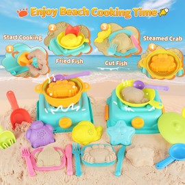 Yrkidstoi Beach Sand Toys for Toddlers, Seaside Sand Cooking Play Set, Kids Sandbox Toys with Sand Molds and Shovels, Mesh Bag, Baby Boys Girls Outdoor Toys Travel Beach Essentials
