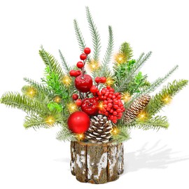 11 Inch Timer Small Tabletop Christmas Tree Battery Operated Pine Cone Berried 39 Inch 10 LEDs String Lights DIYS Mini Christmas Artificial Xmas Tree for Indoor Office Home Table Decorations
