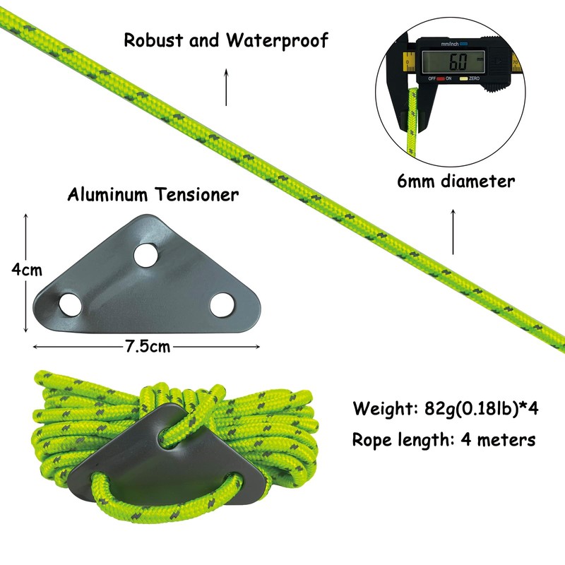 makstore 4 PACK 6mm Tent Guy Ropes, 4m long Reflective