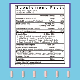 Doctor's Recipes Probiotics for Women, Akkermansia Muciniphila, Prebiotics, Cranberry, D-Mannose, Iron, Folate, VC, B6, B12, 60 Billion CFU, Vaginal, Digestive, Immune Health, 30 Vegan Capsules