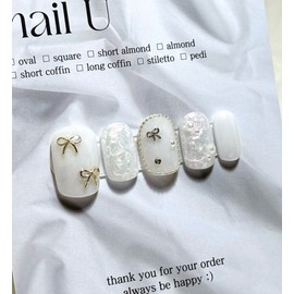 Ribbon Pearl Shell Handmade Nail Tips - Short Almond / 리본 진주 쉘 수제네일팁 - 숏 아몬드