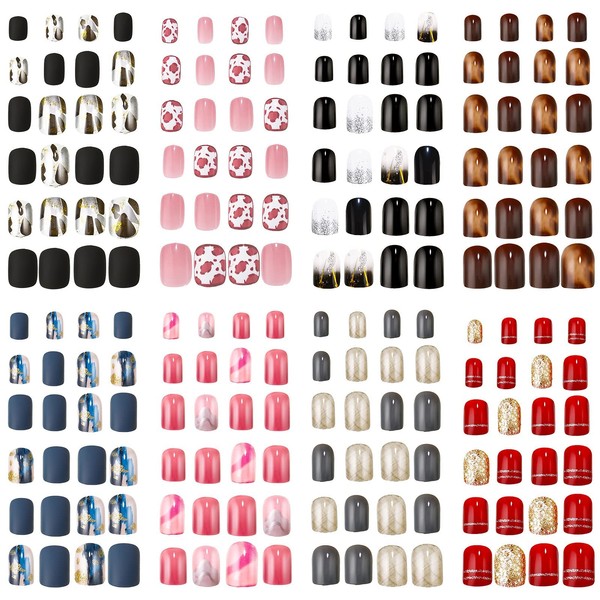 192 Pieces 8 Boxes Press on Nails Short Fakes Nails Square False Nails for Girls Colorful Glossy Artificial Fingernails Full Cover for Nail Salon Art DIY Supplies (Attractive Pattern)