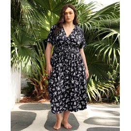 CARCOS Women Plus Size Maxi Dress 4X V Neck Summer Beach Short Sleeve Sun Black White Floral Boho Smocked Waist Party Dress with Pockets 4XL 24W 26W