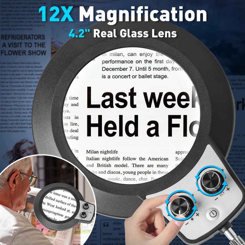 KIRKAS 12X Magnifying Glass with Light and Stand, Any Color