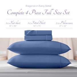 Carressa Linen 100% Egyptian Cotton Sheets - 600 Thread Count 4 PC Full Size Sheet Set, Soft, Cooling, High Thread Count Sateen, Extra Long Staple Luxury Hotel Bedding, 16 In Deep Pocket - Marine Blue