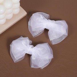 Mesh Hair Bows Clip White 4" Organza Double Tulle Bow Barrettes Alligator Pins for Teens Toddler Flower Girls Wedding Pageant Communion Birthday Party Dress Decorative Accessories