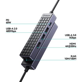 Yottamaster USB C Hub Ethernet, 5 in 1 USB C Hub Multiport Adapter with 4K HDMI, RJ45 Ethernet, USB3.0, 60W PD, Compatible with Type C Laptop Devices