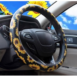 Dotesy Leather Flowers Car Steering Wheel Cover, Fashion Floral Steering Wheel Protector Universal for 36-38cm Anti Slip Auto Interior Decor Protection Accessories for Women