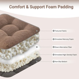 Mollydot Chair Cushions for Dining Chairs Set of 2, Kitchen Chair Cushion with Ties and Non Slip Backing, Tufted Shredded Memory Foam Chair Pads, Indoor/Outdoor Seat Cushions, 16" x 16", Brown