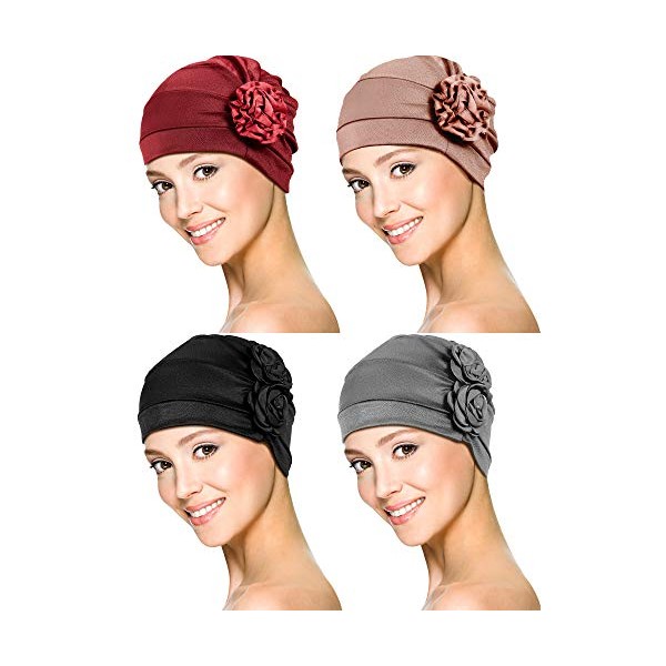 4 Pieces African Head Wrap Flower Turban Hats for Women (Wine Red, Khaki, Black, Grey)