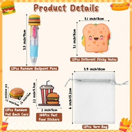 CY2SIDE Fast Food Stationery Gift - 12 Pack Junk Food Stationery Gift Set Include 4-in-1 Ballpoint Pen Sticky Note Sticker Pull Back Car and Organza Hamburger Party Goodie Bag Fillers School Reward