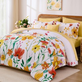 Annibedding Floral Comforter Set Queen Size, 8 Pieces Yellow Botanical Flower Bed in a Bag, Elegant Bright Floral Reversible Comforter, Soft Microfiber Bedding Set for All Season (90"x90")
