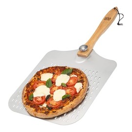 OUII Perforated Pizza Peel - 16 x 14-inch Aluminum Spatula Paddle for Extra Large Pizzas. Foldable Wood Handle for Easy Storage, Pizza Oven Accessories. Premium Tool for Baking Homemade Pizza Pies.