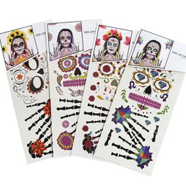 Day of Dead Face Tattoos, 4-Sheet Sugar Skull Tattoos Temporary Stickers Fake Floral Finger Skeleton Hand Tattoo