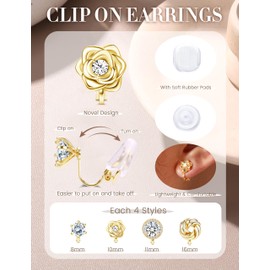 BESTEEL CZ Clip on Earrings Women - Hypoallergenic Non Pierced Earrings for Sensitive Ears Small Cubic Zirconia Flower Heart Square Twist Knot Fake Earrings Set Wedding/Dance/Gift Gold - Flower