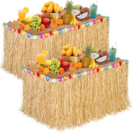 Aodaer 2 Pack Paper Luau Grass Table Skirt with Hibiscus Flowers 9 Feet x 30 Inch Raffia Style Hawaiian Table Skirt Rectangle Tropical Luau Party Decorations for Summer Beach Party, Straw