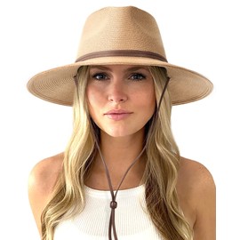 FURTALK Womens Summer Straw Sun Hats Wide Brim Panama Fedora Beach Hat with Wind Lanyard UPF 80+ Khaki