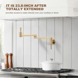 WOWOW Pot Filler Folding Faucet Brass Pot Filler Faucet Wall Mount Brushed Gold Kitchen Faucet Rotatable Dual Joint Swing Arm Pot Filler Copper Commercial Kitchen Faucet Over Stove
