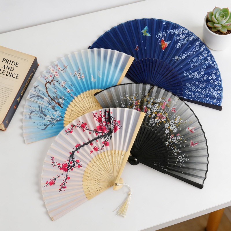 HotoPink 4 PCS Folding Fans with Tassel, Silk-like Fabric and