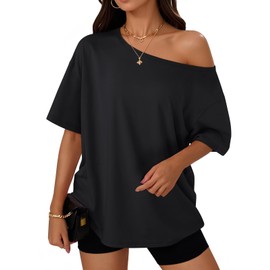 Trendy Queen Womens Off The Shoulder Tops Oversized T-Shirts Short Sleeve Tees Summer 2025 Casual Spring Fashion Clothes Black S