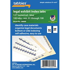 Tabbies Legal Numerical Exhibit Index Tabs, Blue Color Edge, 1/2" Tabs, 100 Tabs/Pack