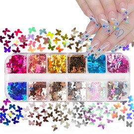 12 Colors Colorful Laser Glitter Butterfly Nail Art Sequins,3D Butterflies Sparkly Nail Glitter Flakes Holographic Butterfly Shiny Nails Design Nail Supplies for Women Nail Art Decoration Accessories