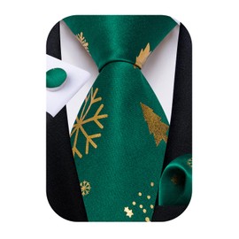 DiBanGu Christmas Green and Gold Ties for Men Party Holiday Festival Tie Vocation Xmas Necktie with Snowflake Pocket Square Cufflink Gift