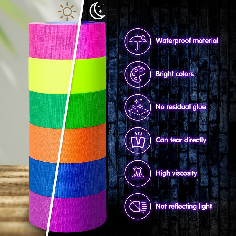 Whaline 6 Colors Neon Gaffer Cloth Tape Fluorescent Rainbow Color