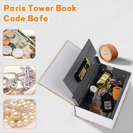 DAJASD Book Safe with Combination Lock, 24 x 15.5 x 5.5 cm Book Safe for Money Jewellery Valuable Objects Office/Home - Eiffel Tower