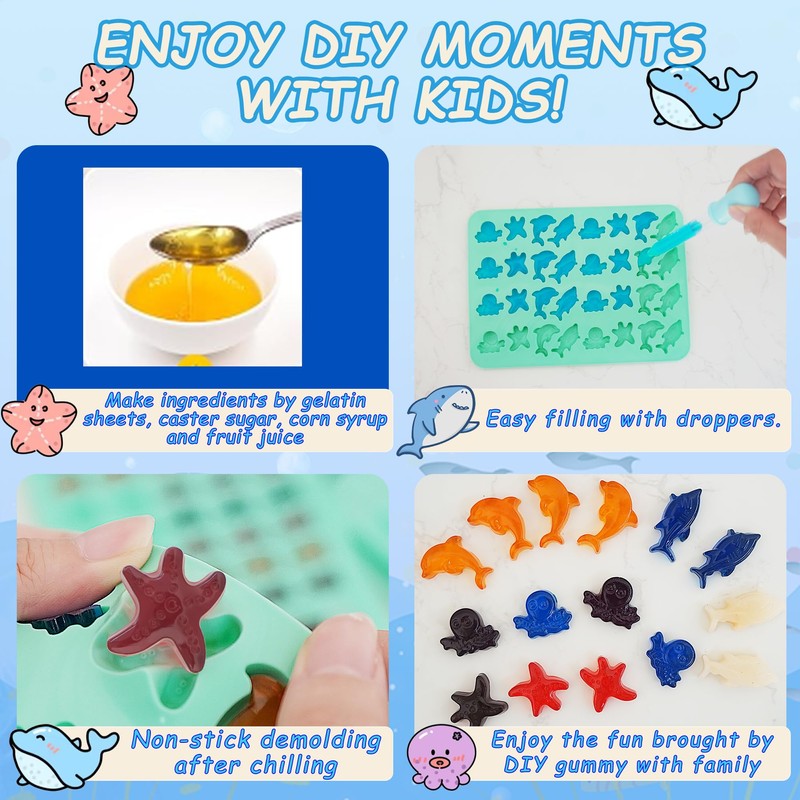 Zorazio 7Pcs Gummy Bear Molds Silicone, Nonstick Ocean Animals Gummy