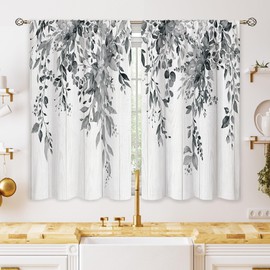 oolygoo Farmhouse Grey Eucalyptus Small Kitchen Curtains Leaves Window Treatment Black White Wooden Cafe Short Curtains for Bathroom Dining Laundry Room Botanical Tier Treatment Drapes 26x36 inch