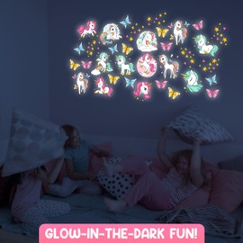 Glow in The Dark Unicorn Wall Decals - Quality Peel and Stick Vinyl Stickers - Ceiling and Wall Decor for Kids Room, Playroom, & Classroom – Set of 96 Glowing Unicorns, Rainbows, Hearts, & Stars